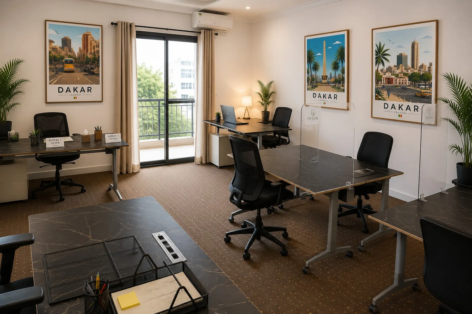Espace de coworking JigiWorks — OF3, 3e étage : postes de travail partagés et affiches Dakar